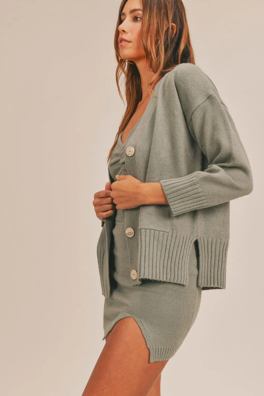 3 Piece Sweater Set with Crop Cami, Mini Skirt, Cardigan in Dusty Olive