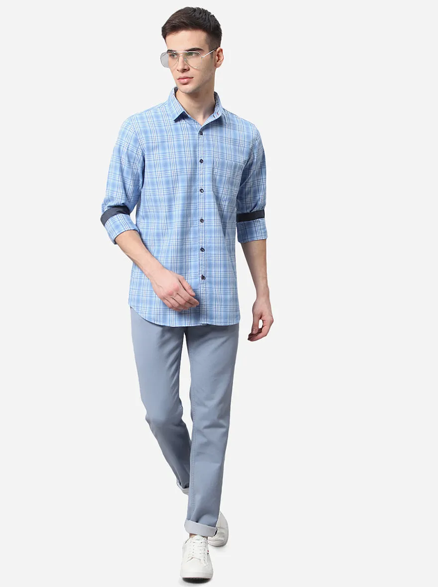 Air Blue Checked Slim Fit Semi Casual Shirt | JadeBlue