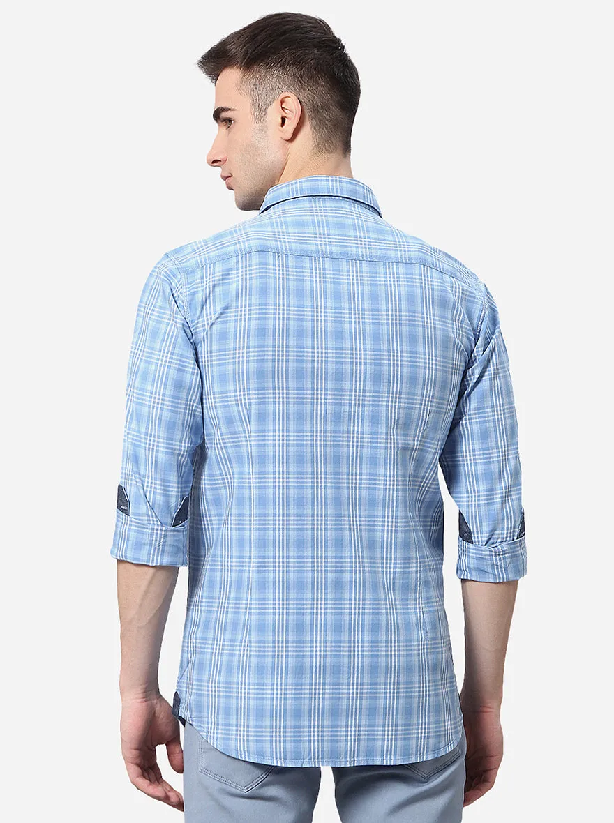 Air Blue Checked Slim Fit Semi Casual Shirt | JadeBlue