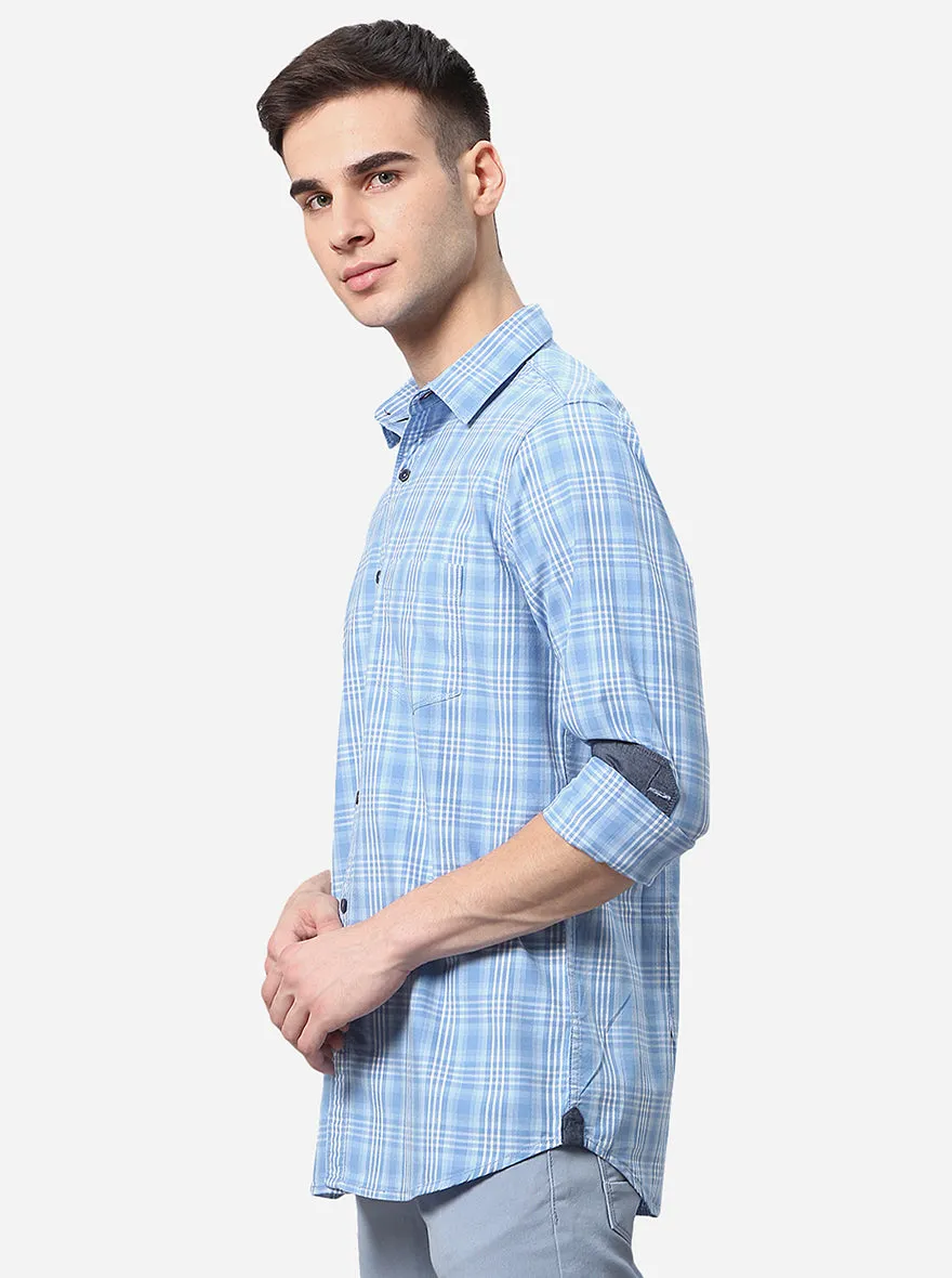 Air Blue Checked Slim Fit Semi Casual Shirt | JadeBlue