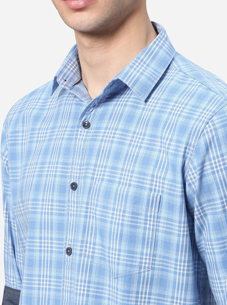 Air Blue Checked Slim Fit Semi Casual Shirt | JadeBlue