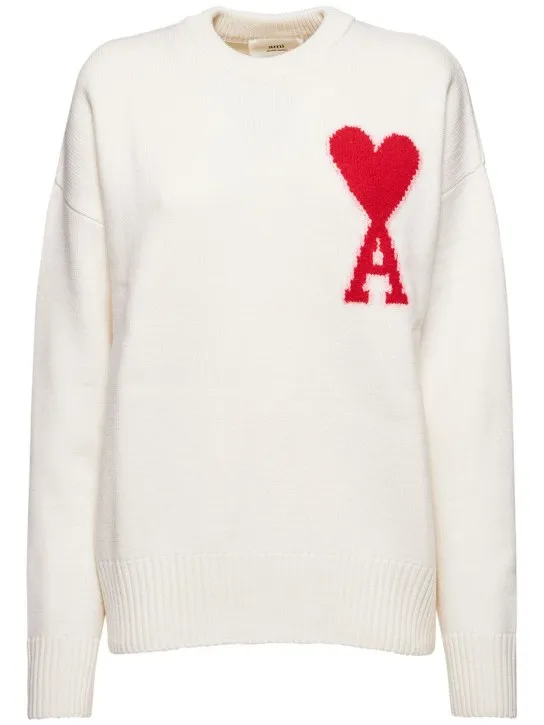 AMI Paris   Logo felted wool crewneck sweater 