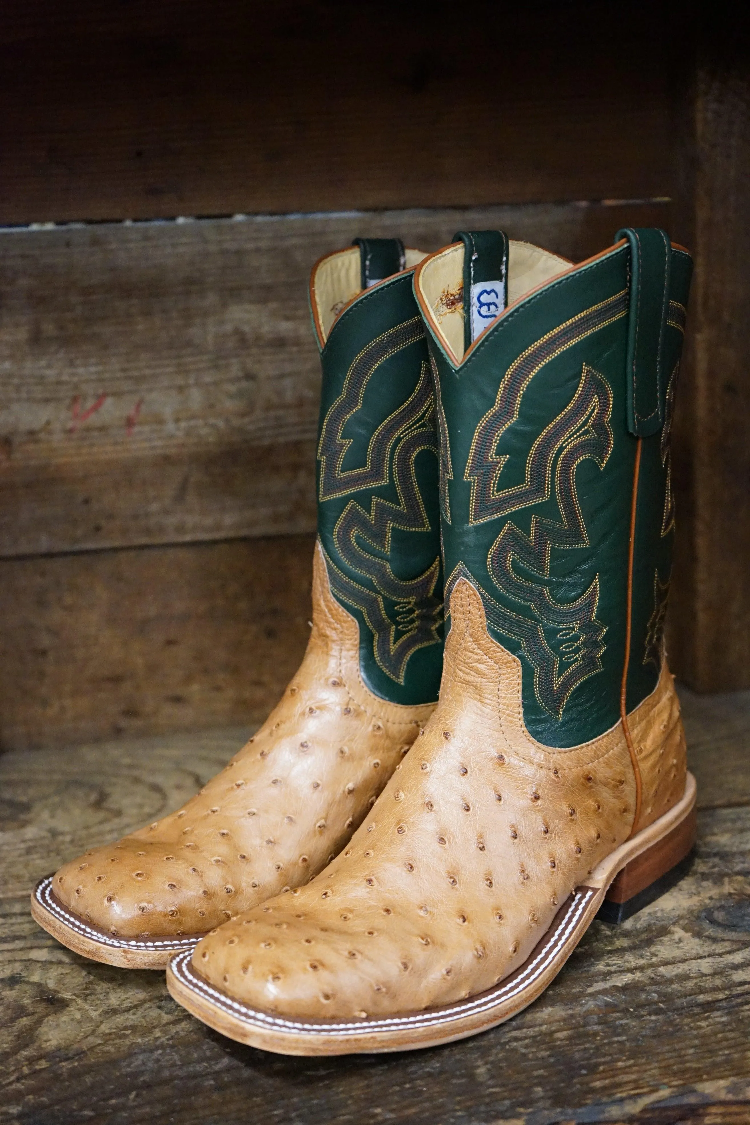 Anderson Bean Men's Cognac Ostrich & Green Glove Square Toe Cowboy Boots 324770