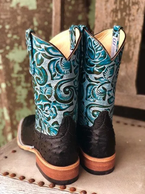 Anderson Bean Women's Black & Dark Teal Foam Ostrich Square Toe Cowgirl Boots 321803