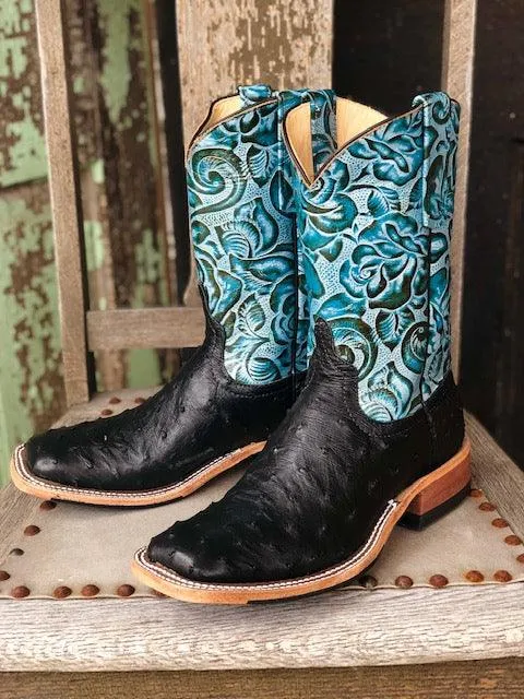 Anderson Bean Women's Black & Dark Teal Foam Ostrich Square Toe Cowgirl Boots 321803