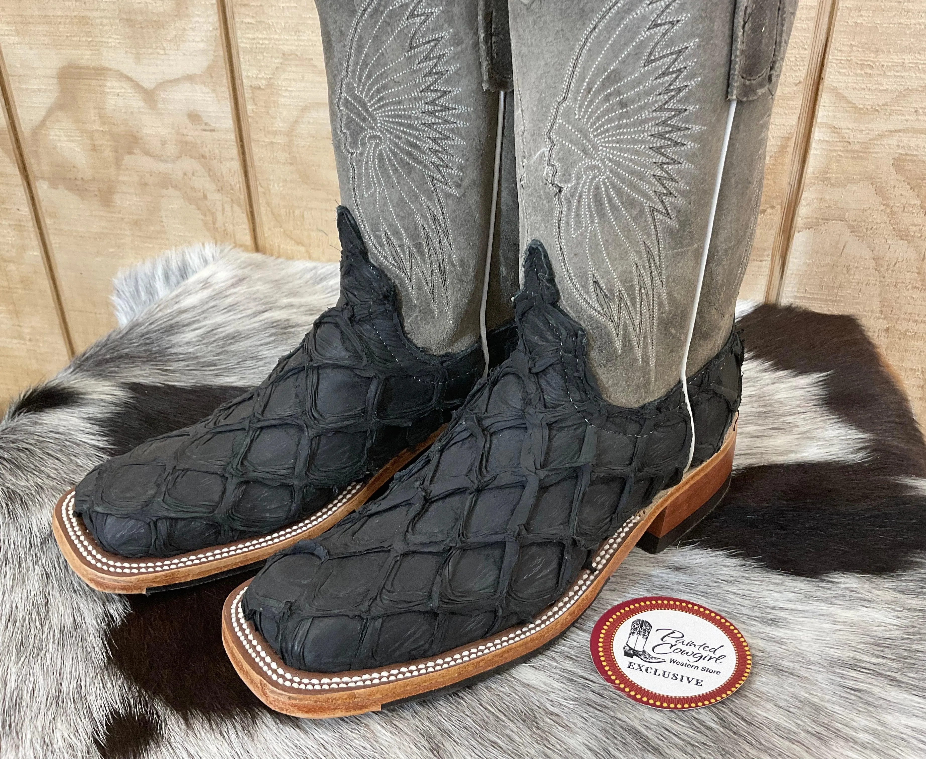 Anderson Bean Women's Black Matte Big Bass Arapaima & Stone Waxy Kudu 10” Square Toe Cowgirl Boots 333579