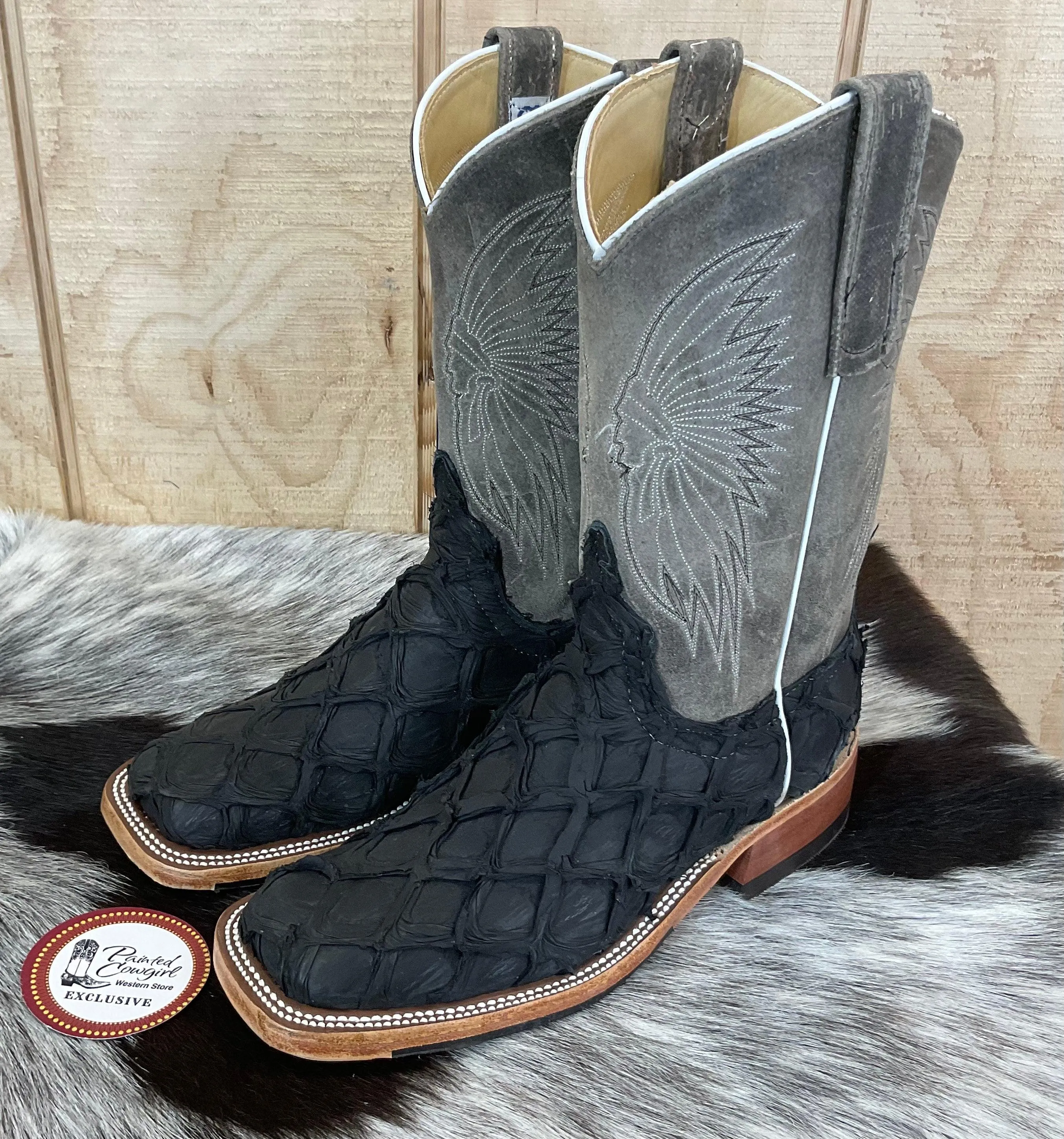 Anderson Bean Women's Black Matte Big Bass Arapaima & Stone Waxy Kudu 10” Square Toe Cowgirl Boots 333579