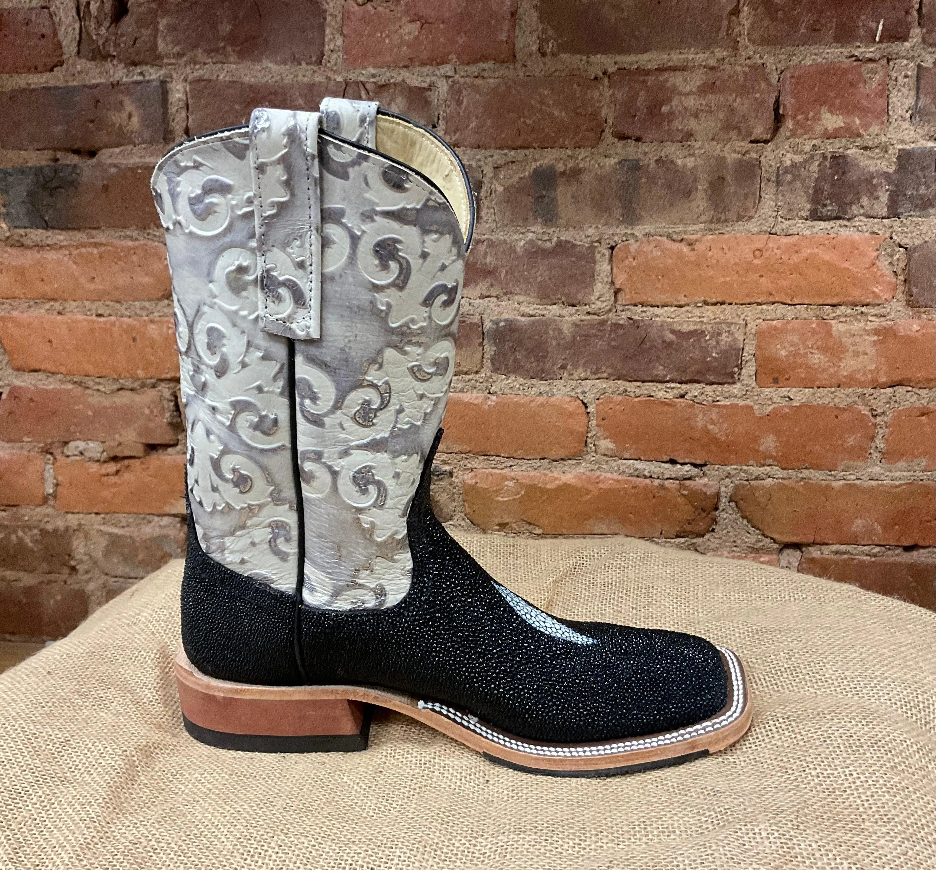 Anderson Bean Women's Black Stingray & Cobblestone Embossed 10” Square Toe Cowgirl Boots 335354