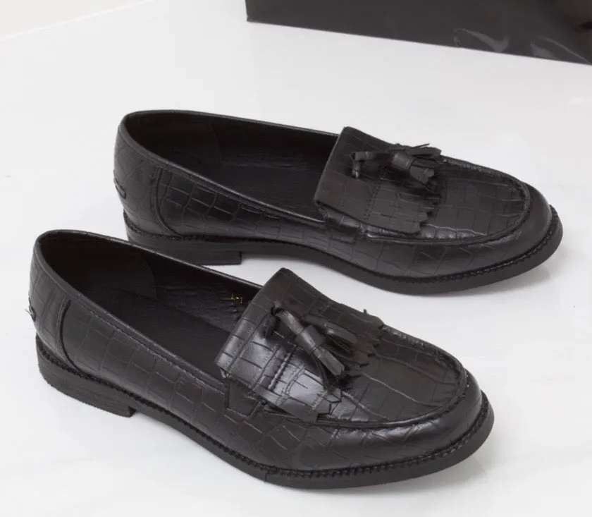 Ava - Black Pu Croc Print Tassle Loafer