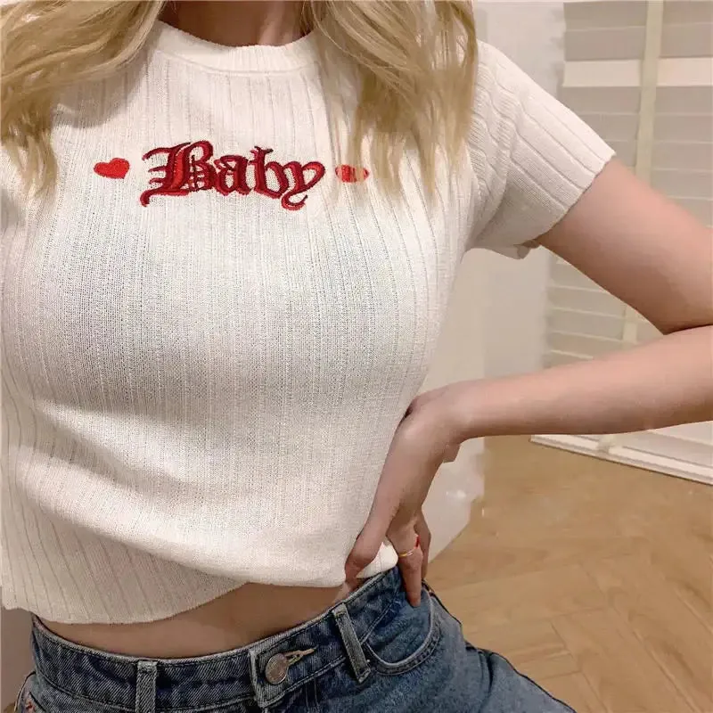 Baby Embroidery Short Sleeve Knitted Crop Top