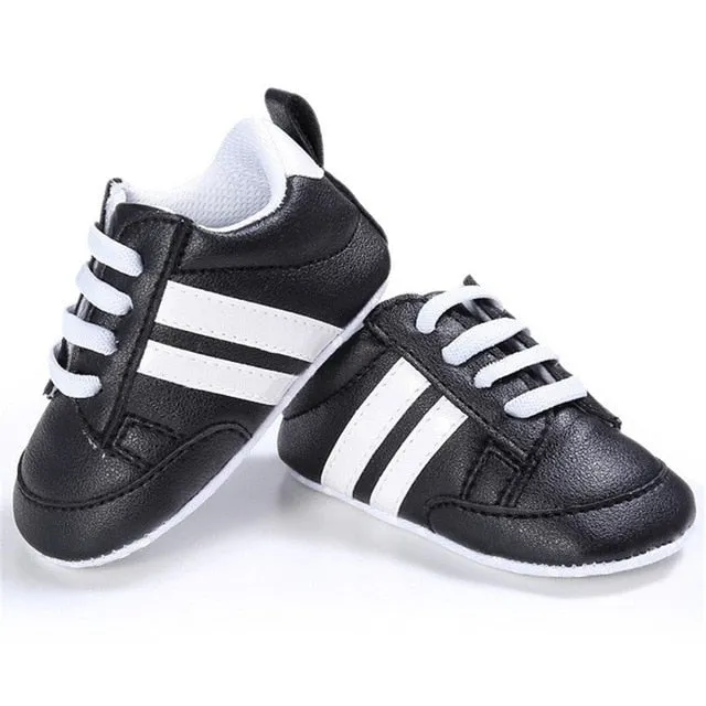 Baby Shoes Newborn Boys Sneaker Girls Two Striped First Walkers Kids Toddlers Lace Up PU Leather Soft Soles Sneakers 0-18 Months