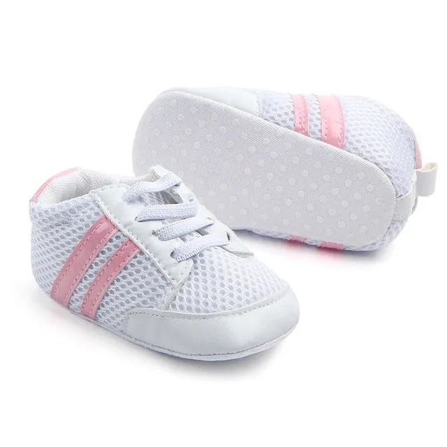 Baby Shoes Newborn Boys Sneaker Girls Two Striped First Walkers Kids Toddlers Lace Up PU Leather Soft Soles Sneakers 0-18 Months