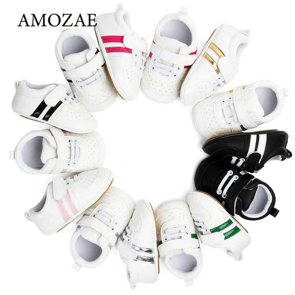 Baby Shoes Newborn Boys Sneaker Girls Two Striped First Walkers Kids Toddlers Lace Up PU Leather Soft Soles Sneakers 0-18 Months