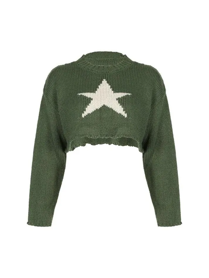 Back To School Sonicelife Vintage Star Jacquard Cropped Sweater