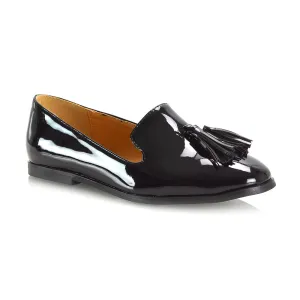 Betsy Slip on Pointed Toe Flat Tassel Detail Loafer Smart Shoes in Black Patent