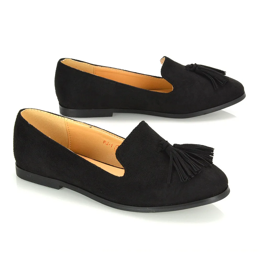 Betsy Slip on Pointed Toe Flat Tassel Detail Loafer Smart Shoes in Black Patent