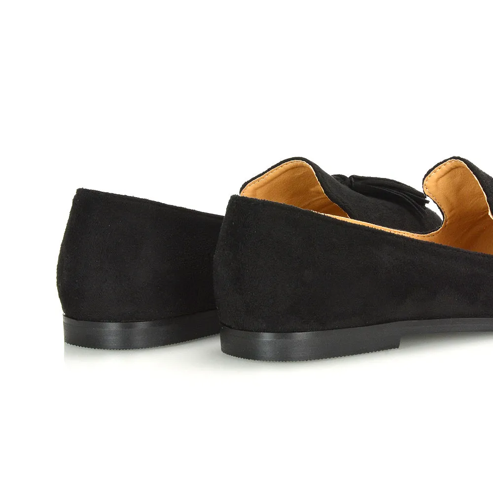 Betsy Slip on Pointed Toe Flat Tassel Detail Loafer Smart Shoes in Black Patent