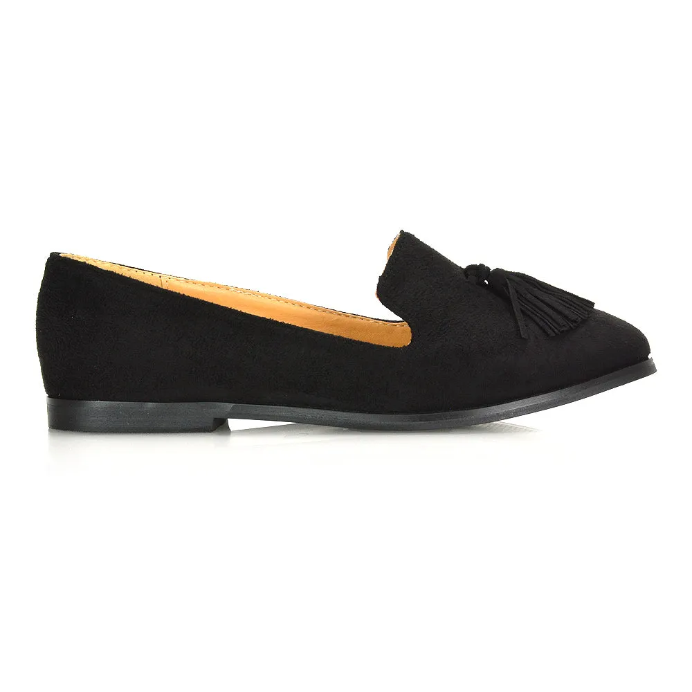 Betsy Slip on Pointed Toe Flat Tassel Detail Loafer Smart Shoes in Black Patent