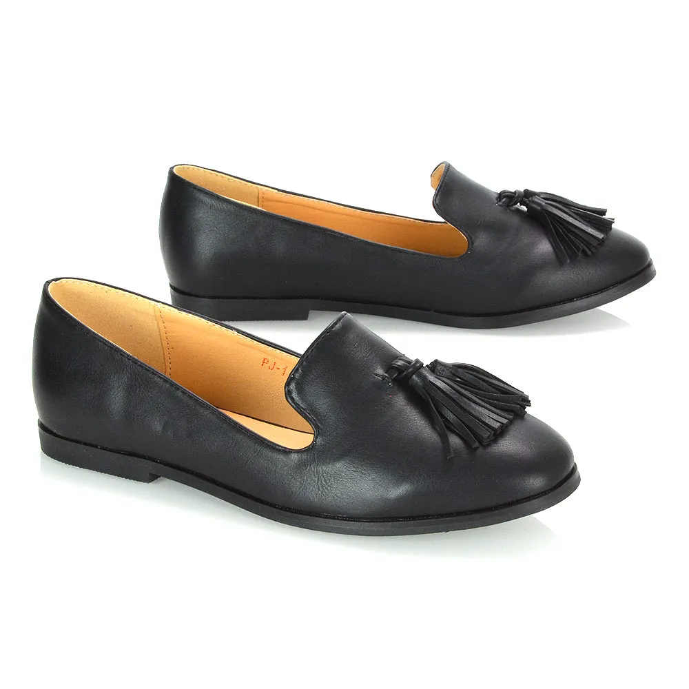 Betsy Slip on Pointed Toe Flat Tassel Detail Loafer Smart Shoes in Black Patent