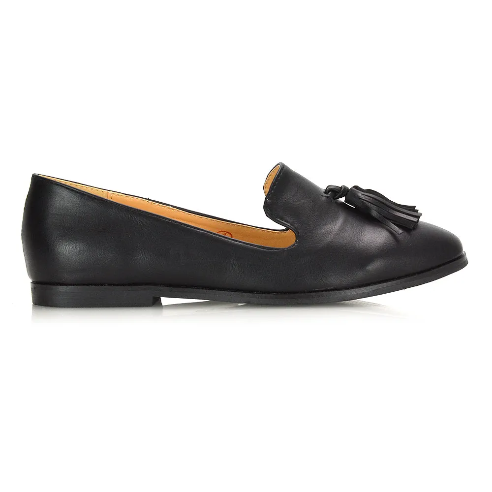 Betsy Slip on Pointed Toe Flat Tassel Detail Loafer Smart Shoes in Black Patent