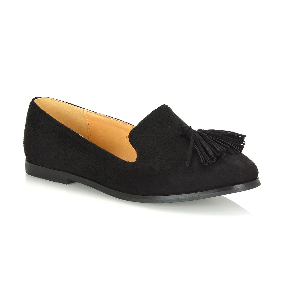 Betsy Slip on Pointed Toe Flat Tassel Detail Loafer Smart Shoes in Black Patent