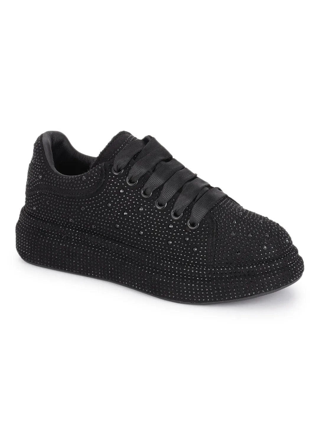 Black Diamante Embellished Lace-Up Sneakers (TC-RS3653-BLK)