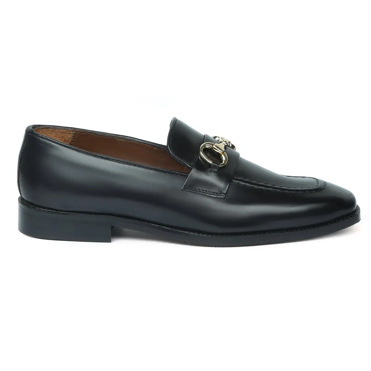 Black Leather Penny Loafers with horse-bit buckle