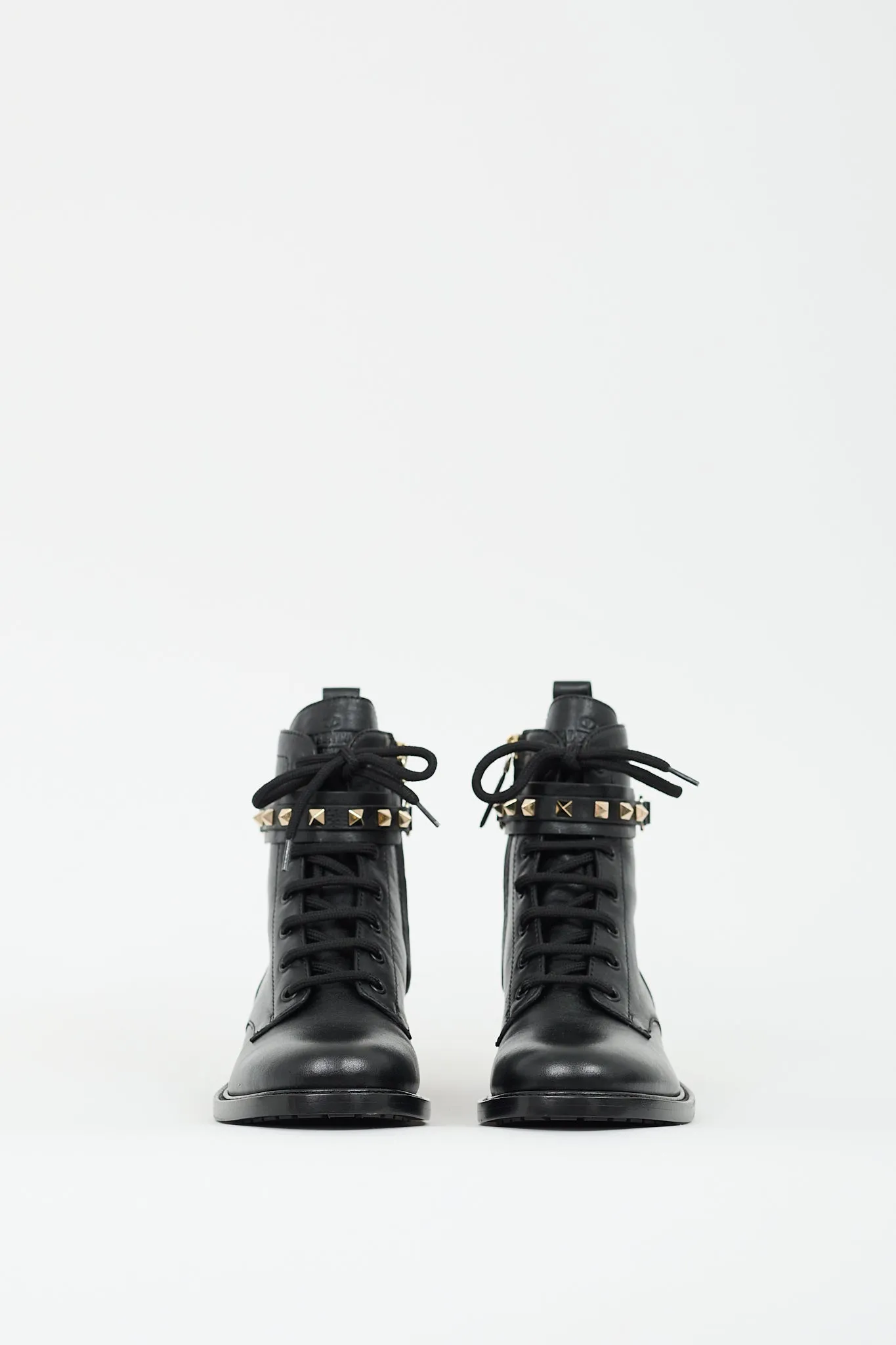 Black Leather Rockstud Strap Combat Boot