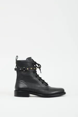 Black Leather Rockstud Strap Combat Boot