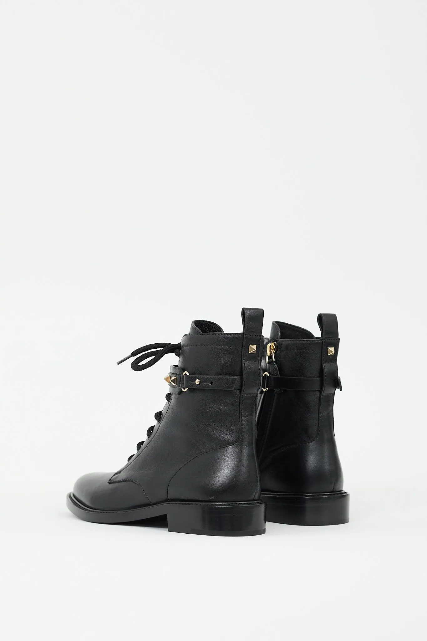 Black Leather Rockstud Strap Combat Boot