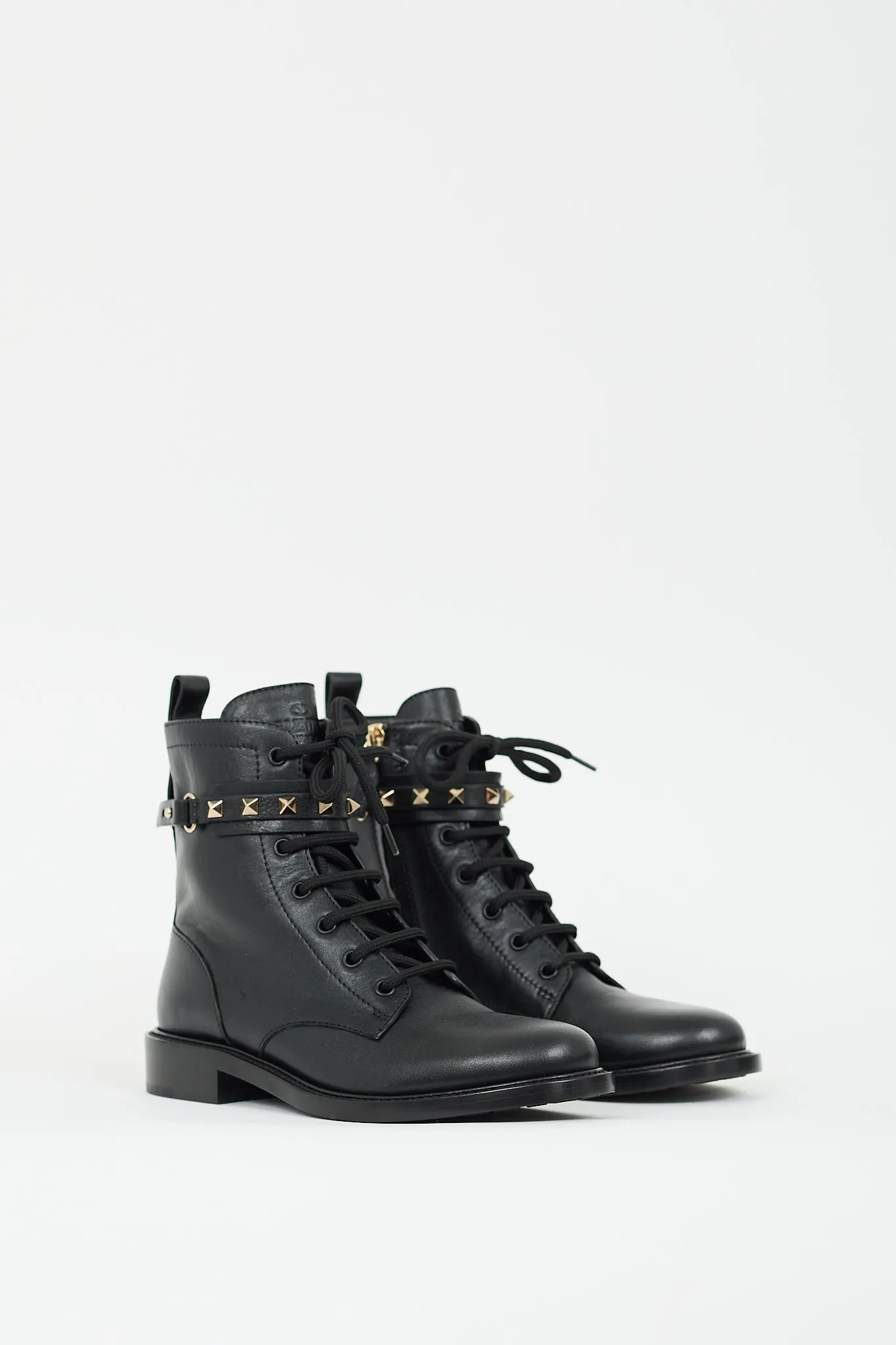 Black Leather Rockstud Strap Combat Boot