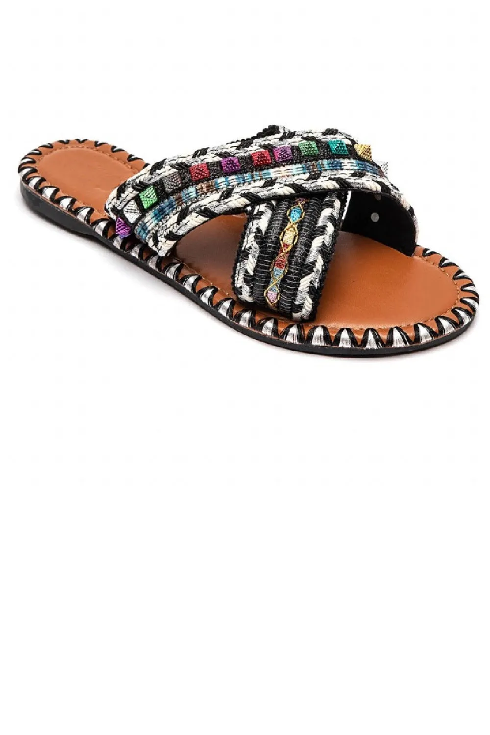 BLACK MULTI COLOUR EMBELLISHED FLAT STRAPPY SUMMER SLIDER SANDALS