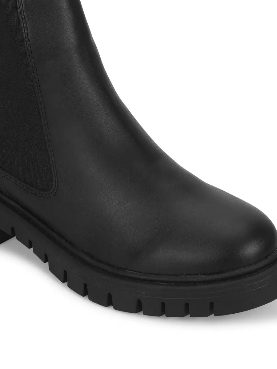 Black PU Cleated Bottom Ankle Boots