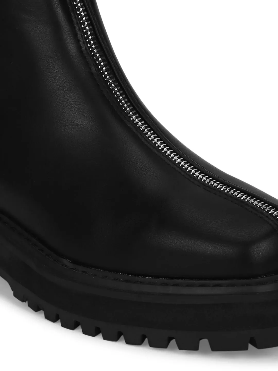 Black PU Front Zip Chunky Ankle Boots