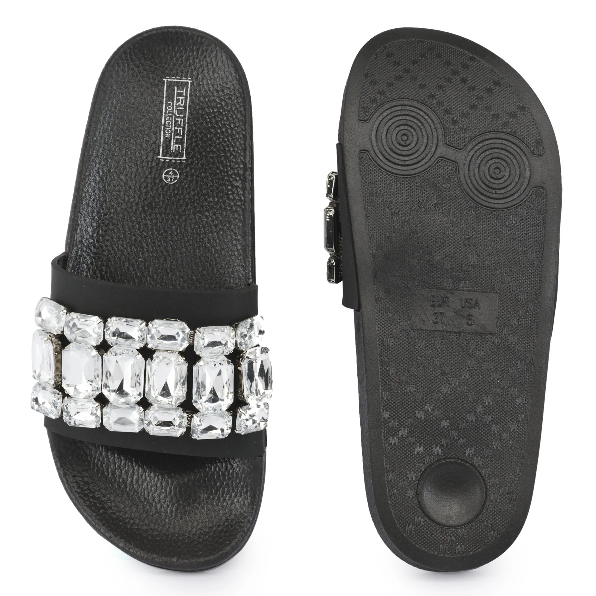 Black Silver Embellished Flat Sliders