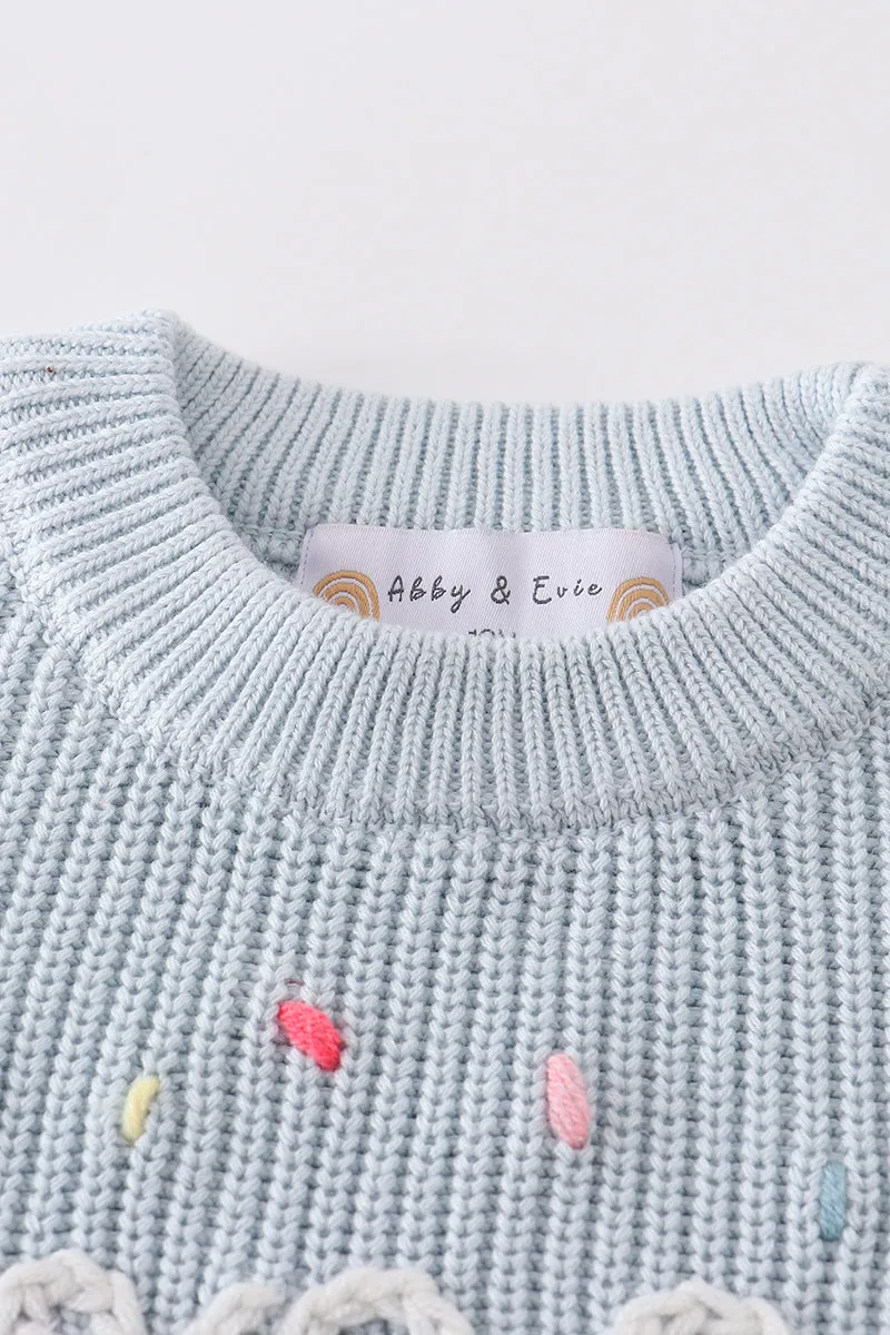 Blue hand-embroidery one&two pullover sweater