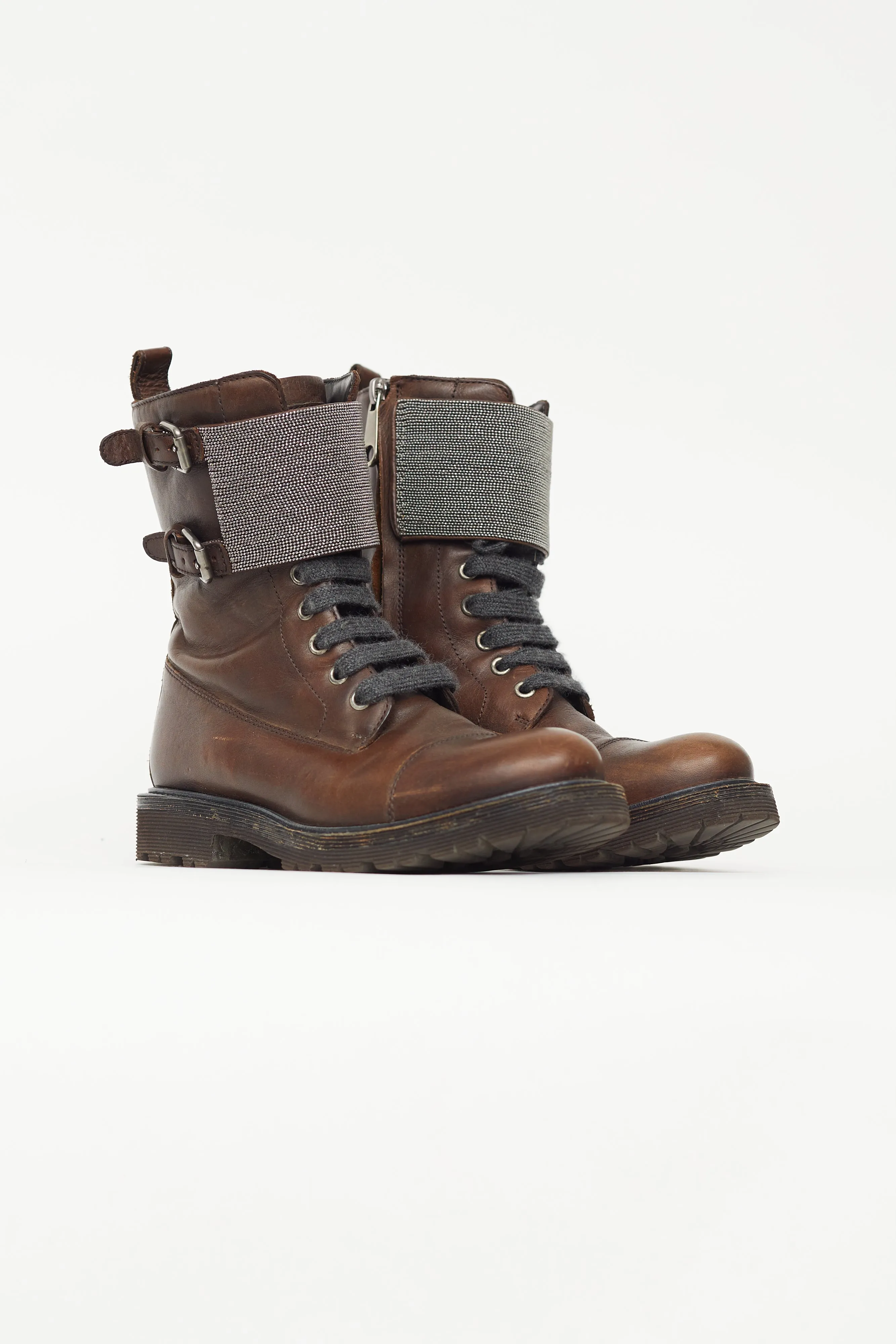 Brown Leather & Monili Bead Combat Boot