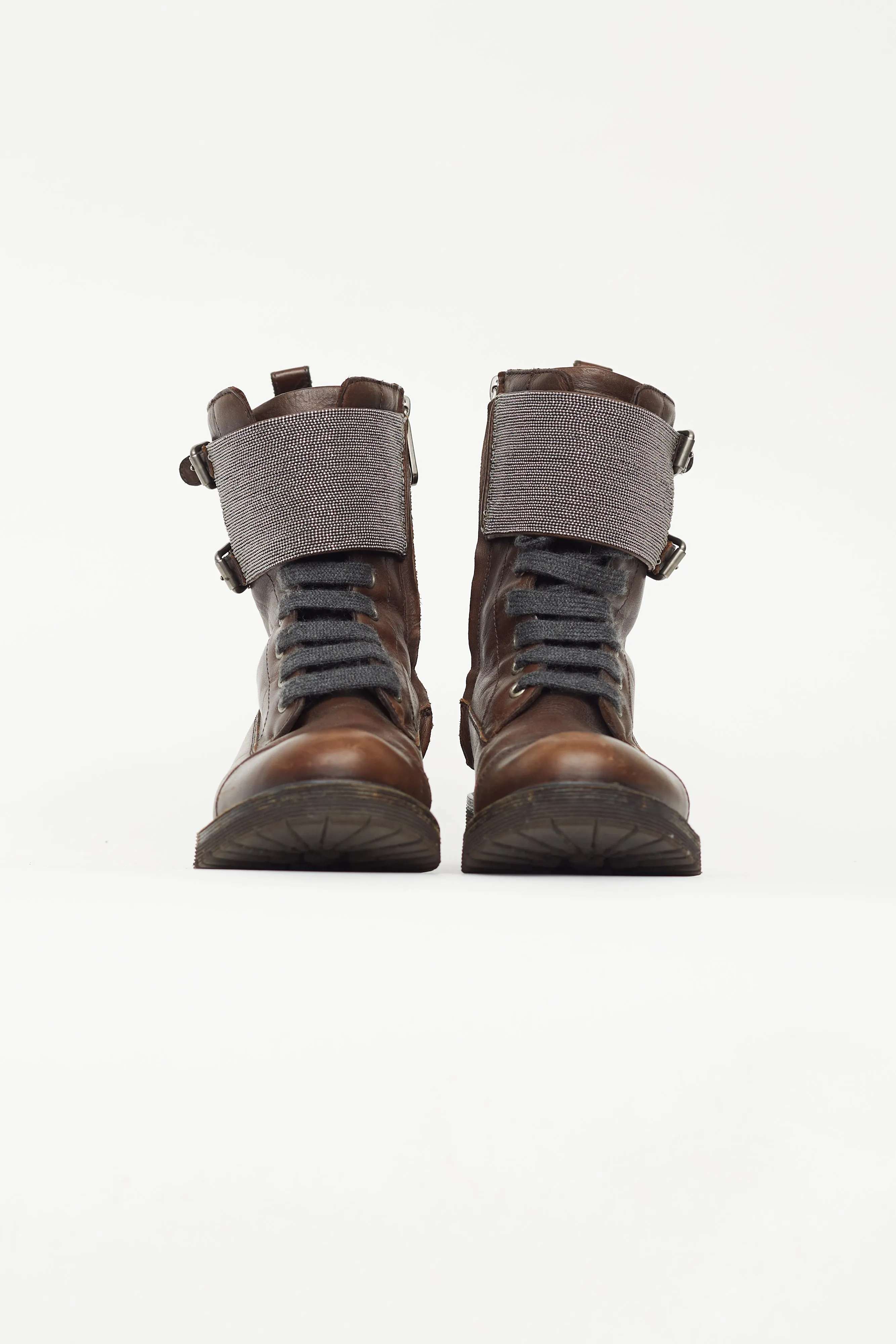 Brown Leather & Monili Bead Combat Boot