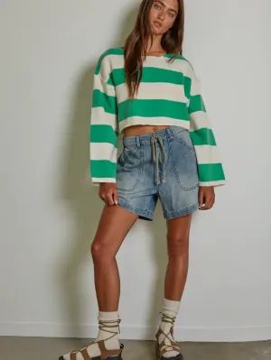 By Together Knit Polyester Striped Pullover Crop Top - Green/Ivory