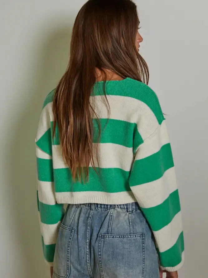 By Together Knit Polyester Striped Pullover Crop Top - Green/Ivory