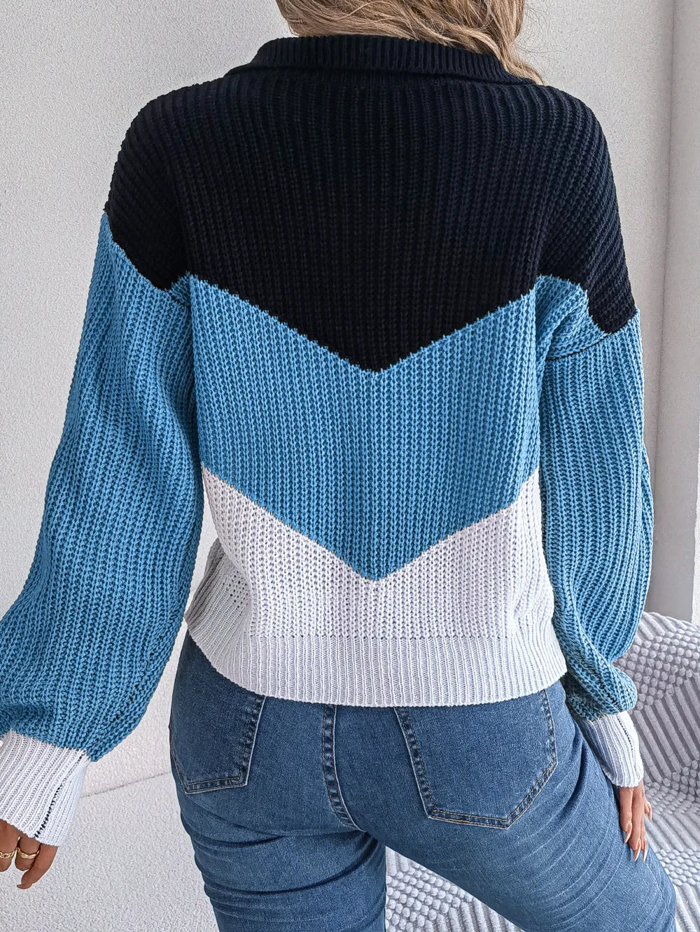 Casual Lapel Contrasting Color Long-sleeved Knitted Pullover Sweater