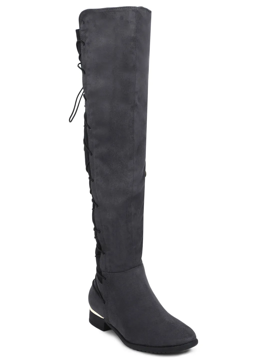 Charcoal Micro Back Lace-up Golden Detail Long Boots