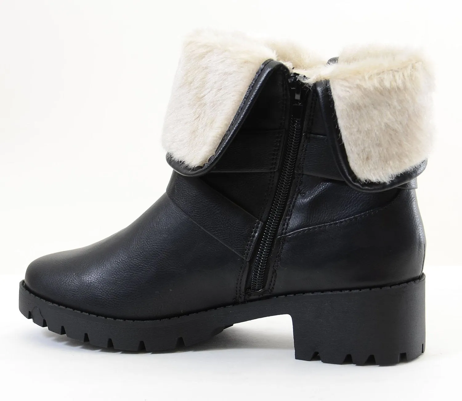 Chunky Buckle Shearling Fur Fold Over Combat Lug Vegan Women's Boots