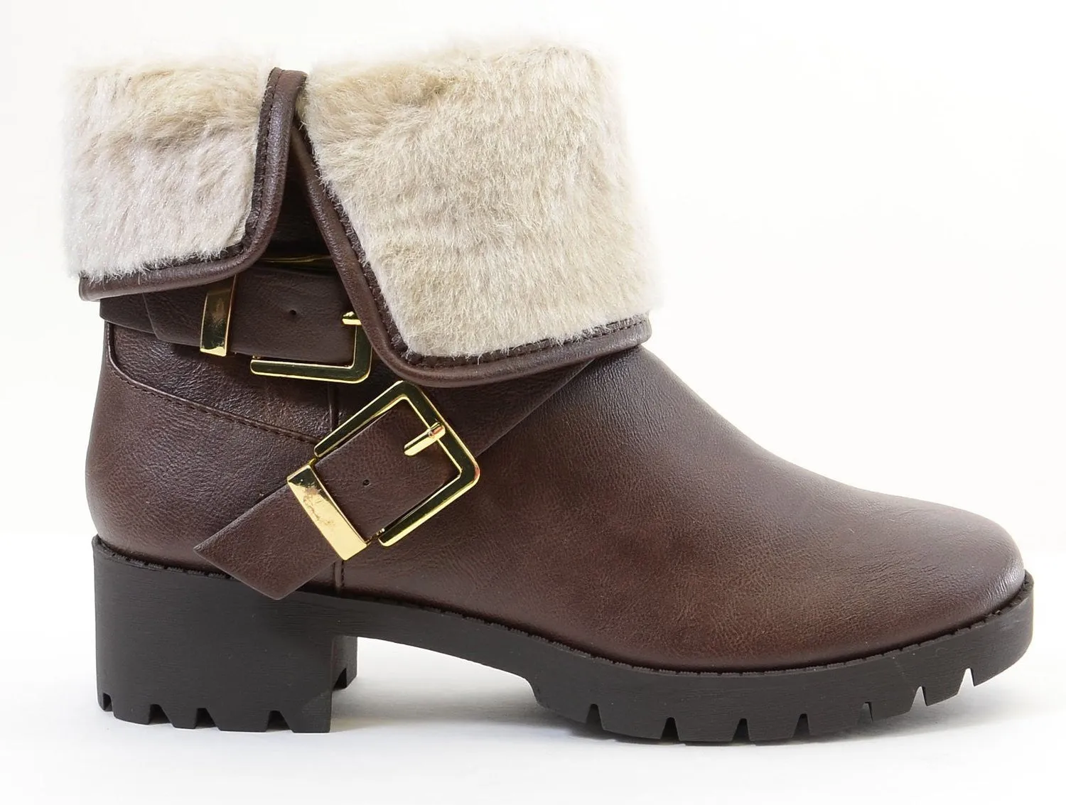 Chunky Buckle Shearling Fur Fold Over Combat Lug Vegan Women's Boots