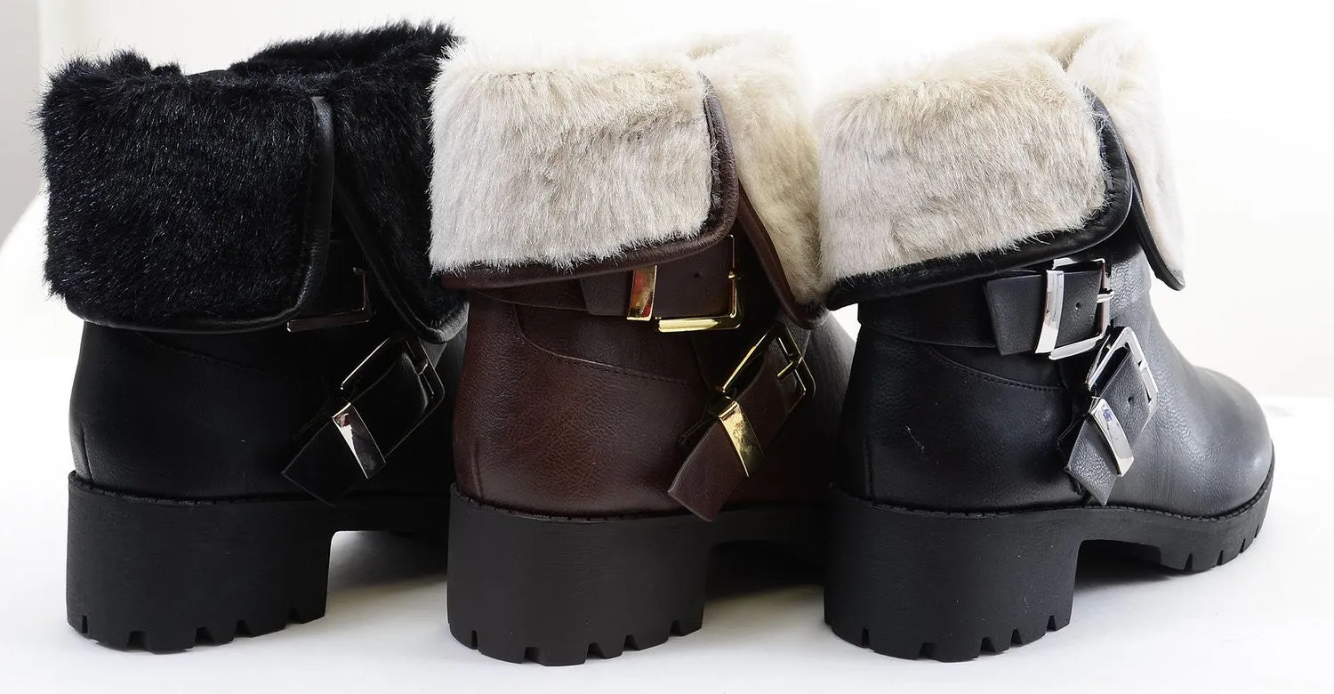 Chunky Buckle Shearling Fur Fold Over Combat Lug Vegan Women's Boots