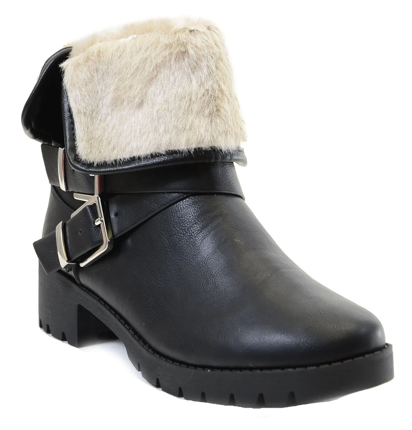 Chunky Buckle Shearling Fur Fold Over Combat Lug Vegan Women's Boots