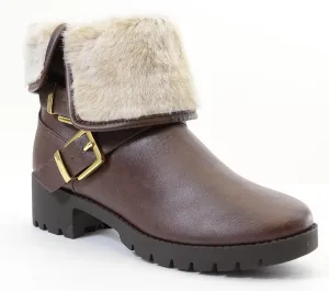 Chunky Buckle Shearling Fur Fold Over Combat Lug Vegan Women's Boots