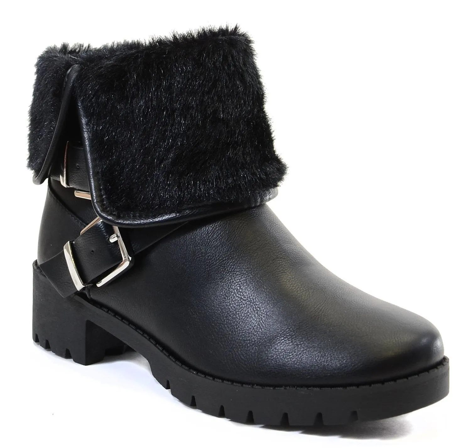 Chunky Buckle Shearling Fur Fold Over Combat Lug Vegan Women's Boots