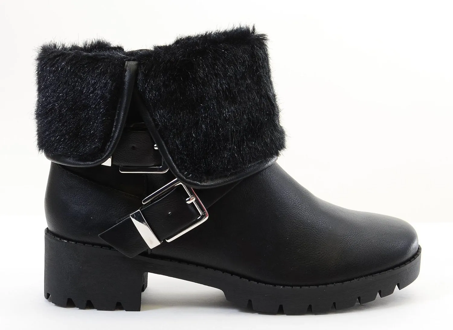 Chunky Buckle Shearling Fur Fold Over Combat Lug Vegan Women's Boots