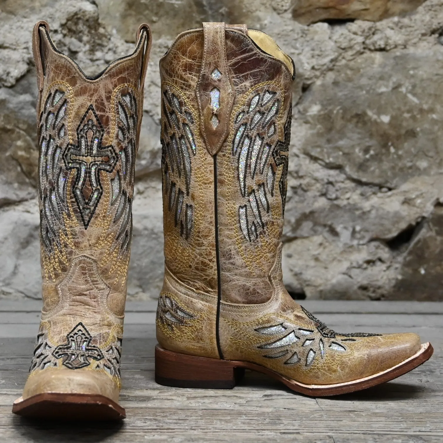 Cowtown Med Sq Toe, 12" Top, 1.25" Roper Heel, Silver Glitter Inlay Fashion Boots